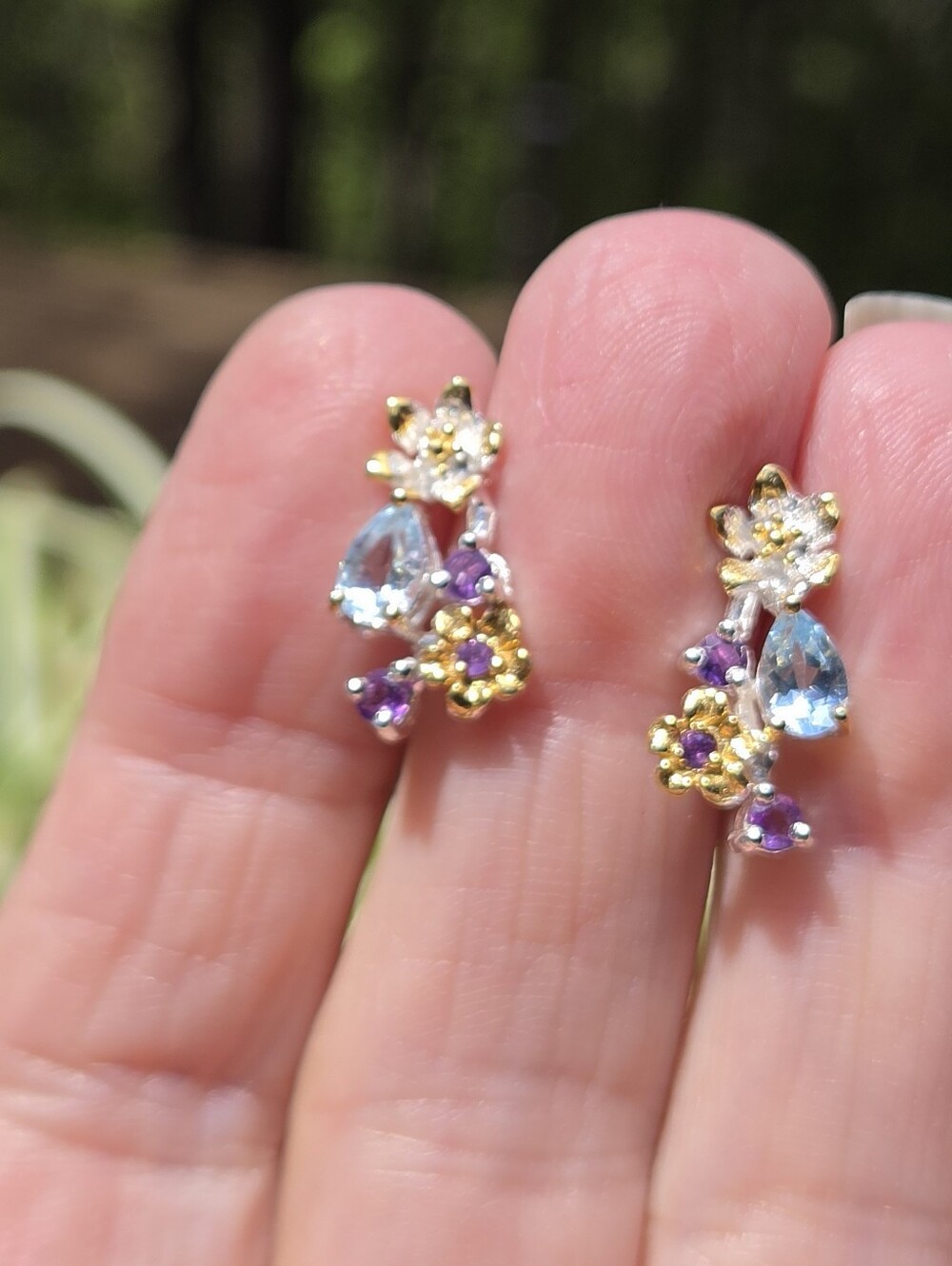 Blue Topaz & Amethyst Natural Floral Sterling & Gold Earrings - Picture 4 of 9